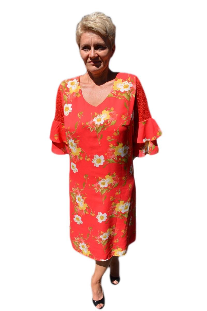Rochie casual Ava cu insertii de catifea si flori 3d din broderie,D&J Exclusive, Rosu