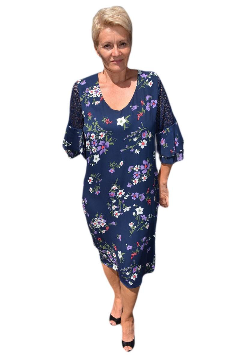 Rochie rafinata, croi lejer cu imprimeu floral, D&j Exclusive, Bleumarin, Albastru marin