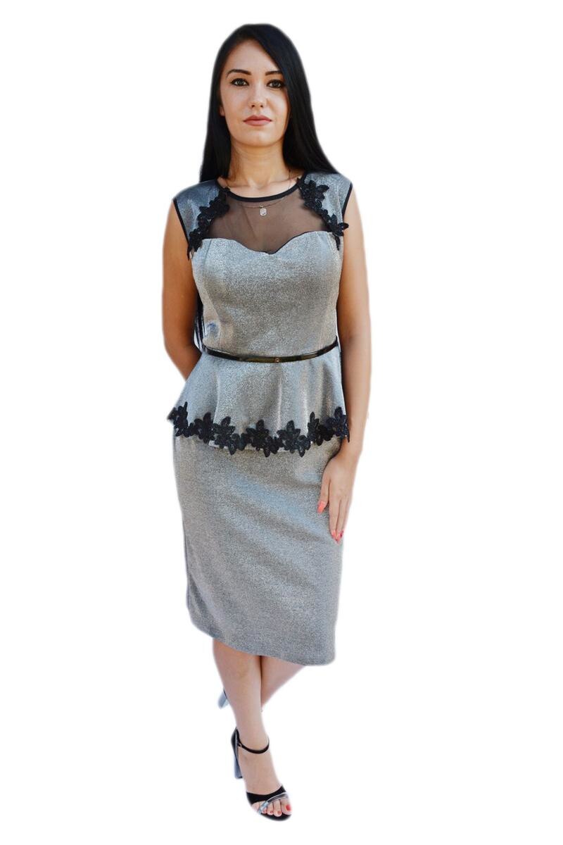 Rochie rafinata cu peplum si broderie neagra, D&J Exclusive, Argintiu