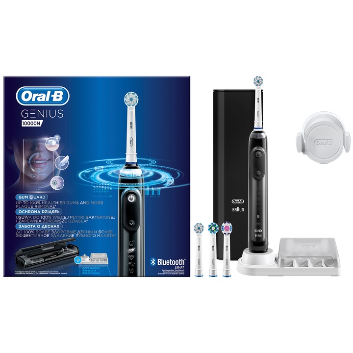 Periuta de dinti electrica Oral-B Genius 10, Smartring, 6 programe, 4 capete, Bluetooth, Li-ion, Trusa de calatorie, Negru