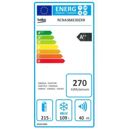 Combina frigorifica Beko RCNA366E30ZXR, 324 l, Clasa A++, NeoFrost, Compartiment 0°C, Kitchen Fit, Everfresh+ , 185.9 cm, Dark Inox