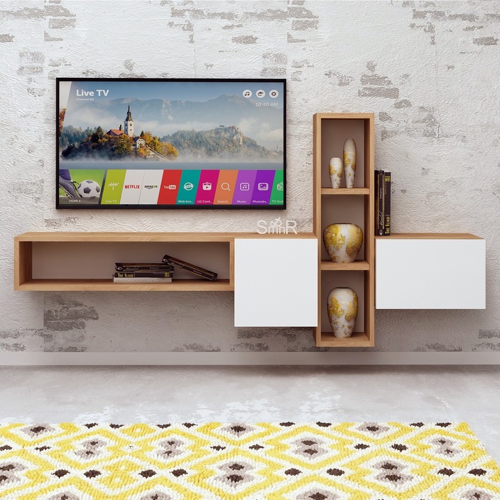 Comoda TV Kalune Design Mandarin, PAL, 160x35x70cm, Stejar Alb