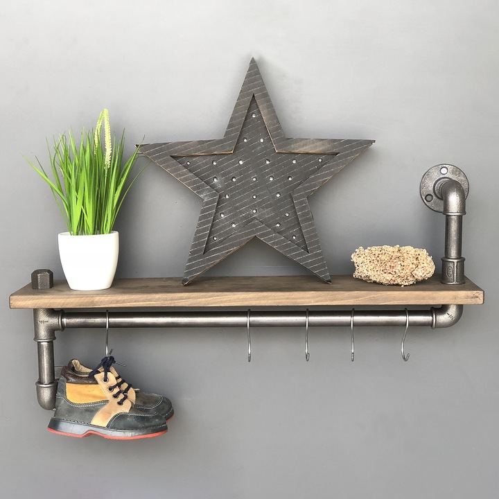 Raft perete din lemn masiv Evila Originals, 60x35x12 cm, Nuc/Negru