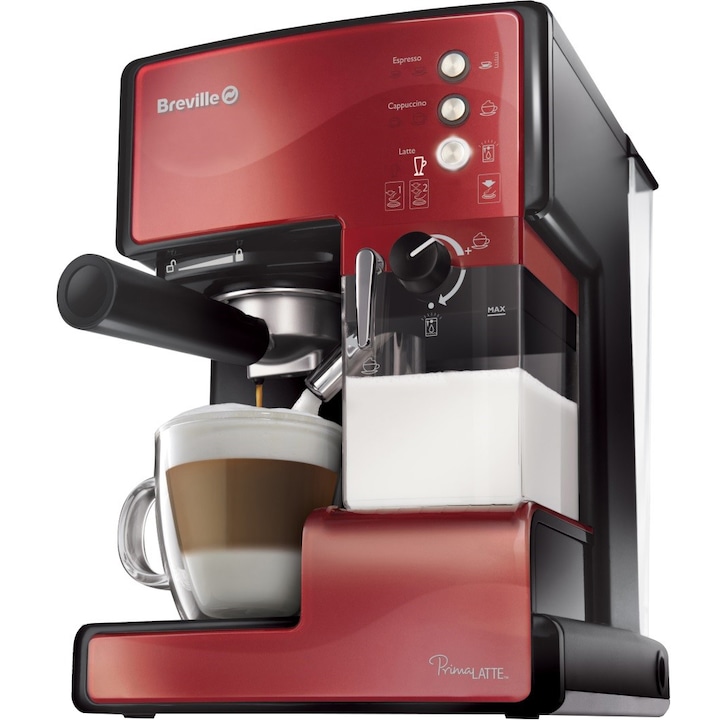 Breville Prima Latte VCF046X-01 eszpresszó manuális kávéfőző, 15 Bar, 1.5 l, 0.3 l-es kivehető tejtartályt, Sötét piros