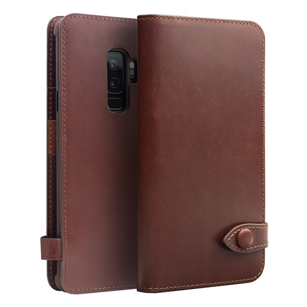 Husa piele naturala, inchidere sigura cu capsa, cu buzunare bani si carduri, Samsung Galaxy S9 Plus - Qialino, culoare Maro coffee