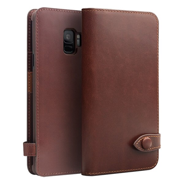Husa piele naturala, inchidere sigura cu capsa, cu buzunare bani si carduri, Samsung Galaxy S9 - Qialino, culoare Maro coffee