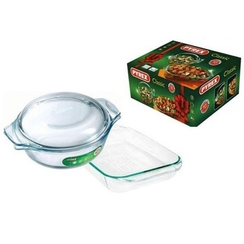 Set 3 pcs vas termorezistent Pyrex, 1 vas rotund cu capac 1.5 l + vas dreptunghiular 30*20 cm Set 3 pcs vas termorezistent Pyrex, 1 vas rotund cu capac 1.5 l + vas dreptunghiular 30*20 cm