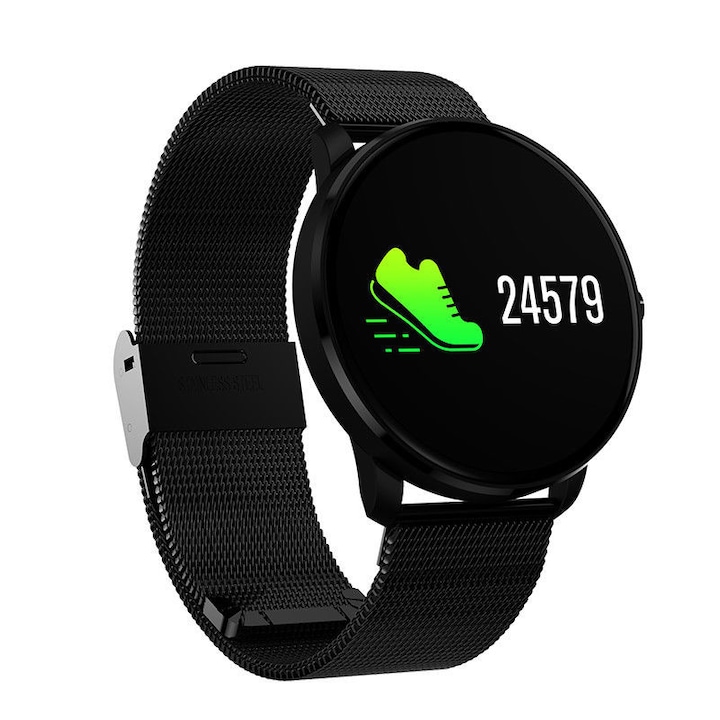 Smartwatch Fitness Concept FIT okosóra, rendkívül vékony, vérnyomásmérő, pulzusmérő, alvásfigyelő, üzenet-, hívásértesítések, OLED kijelző, G-Sensor, fekete