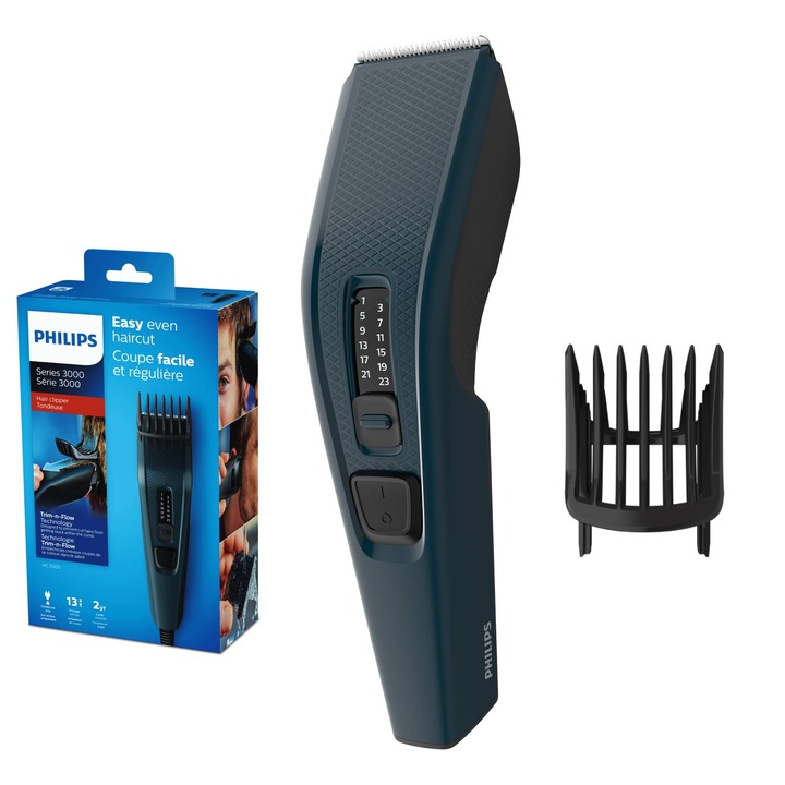 Машинка за подстригване Philips Seria 3000 HC3505/15, 13 настройки за дължина, Използване с кабел, Остриета от неръждаема стомана, Син