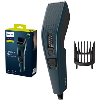 Masina de tuns PHILIPS Seria 3000 HC3505/15, 13 setari de lungime (0.5-23 mm), urilizare cu fir, lame din otel inoxidabil cu autoascutire, tehnologie Trim-and-Flow, Negru/Albastru