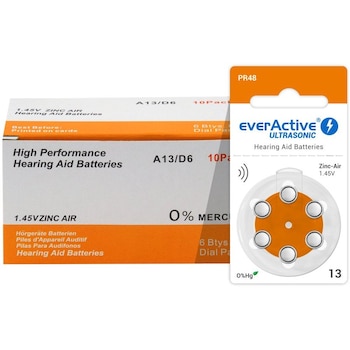 Baterii pentru aparate auditive EverActive Ultrasonic A13, 60 buc / 10 blistere. Baterii pentru aparate auditive EverActive Ultrasonic A13, 60 buc / 10 blistere.