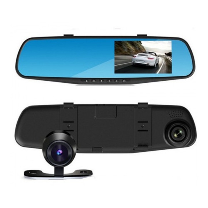 Leo Auto tükörmonitor 2 elülső / hátsó kamerával, memóriakártyával