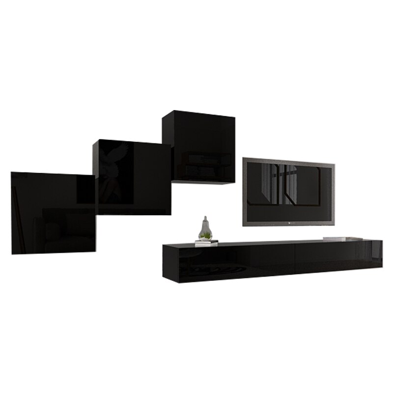 Set Mobila Living Modular Quadro 10 , MDF Lucios, Negru, Dimensiune 360 cm