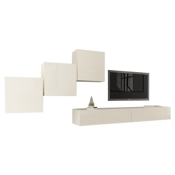 Set Mobila Living Modular Quadro 10 , MDF Lucios, CREM, Dimensiune 360 cm