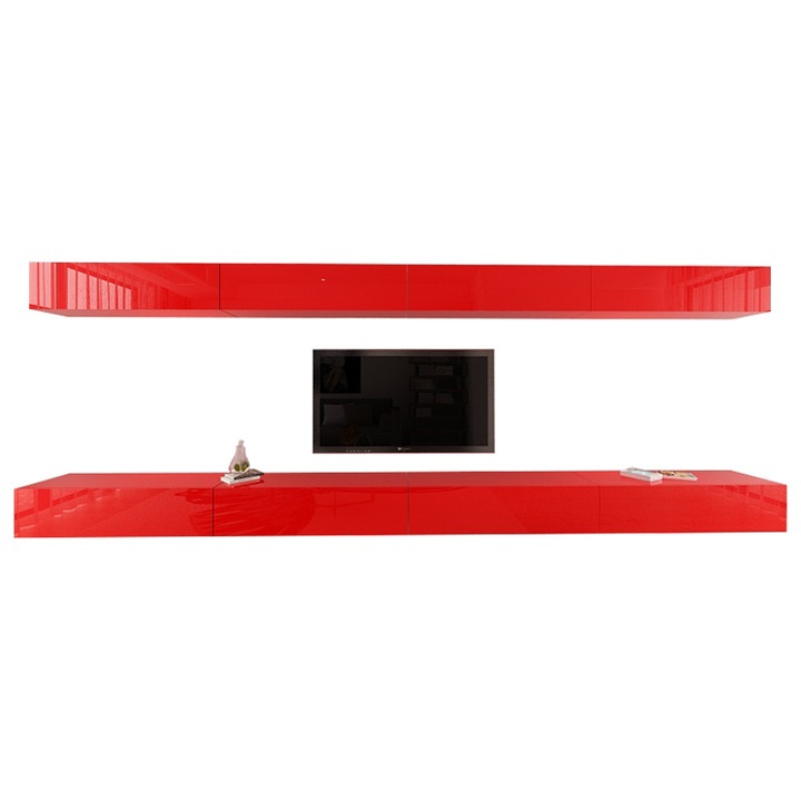 Set Mobila Living Modular Quadro 11 , MDF Lucios, ROSU, Dimensiune 480 cm