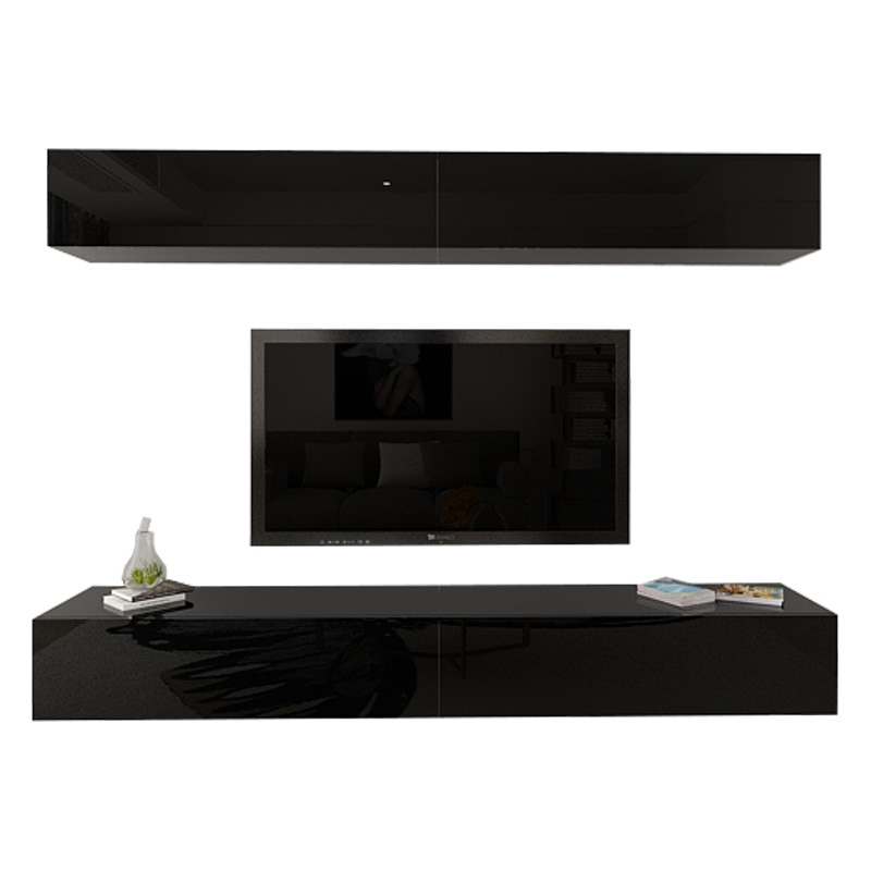 Set Mobila Living Modular Quadro 12 , MDF Lucios, NEGRU, Dimensiune 240 cm