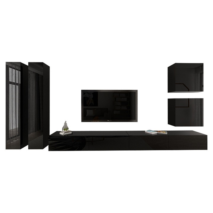 Set Mobila Living Modular Quadro 14 , MDF Lucios, NEGRU, Dimensiune 410 cm