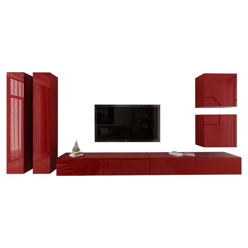 Set Mobila Living Modular Quadro 14 , MDF Lucios, BORDO, Dimensiune 410 cm
