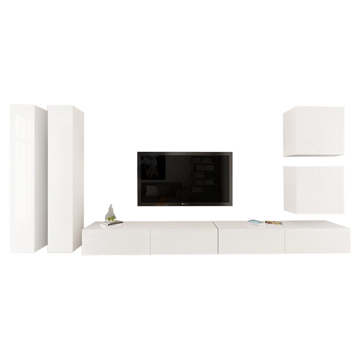 Set Mobila Living Modular Quadro 14 , MDF Lucios, ALB, Dimensiune 410 cm