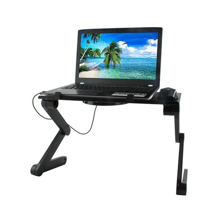 Palmonix hordozható számítógép asztal egér tartóval, beépített hűtő, összecsukható lábakkal, állítható szög, fekete szín