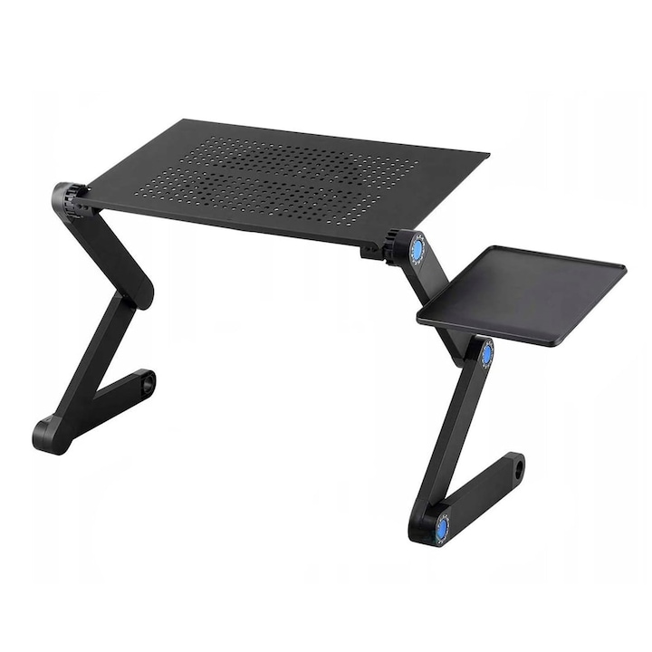 Alumínium asztal laptophoz, beépített hűtő, összecsukható lábak és állítható dőlésszög, oldalsó egértartóval, fekete