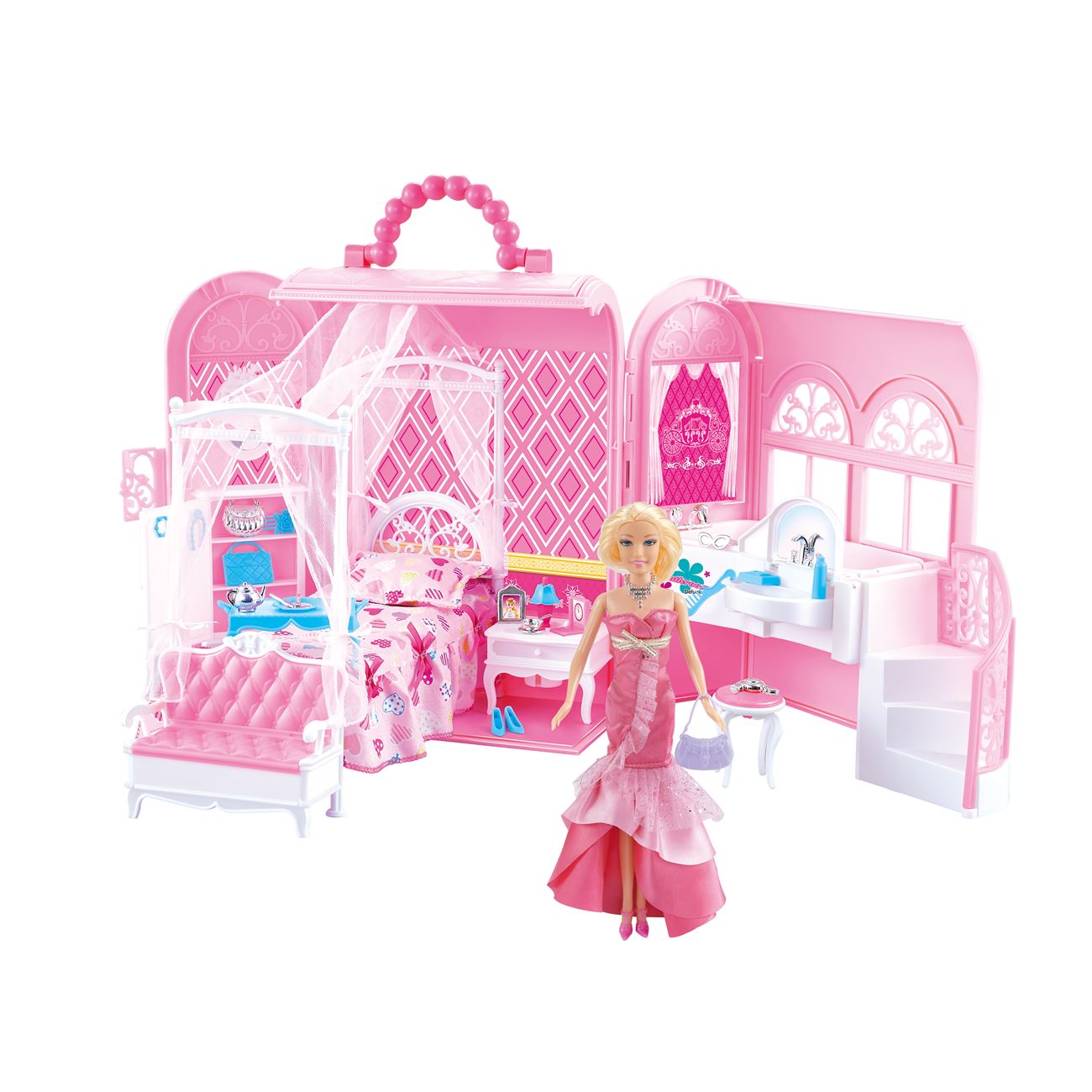 Casa Valiza- Geanta pentru Papusi, moblier papusi + papusa , pat, baie