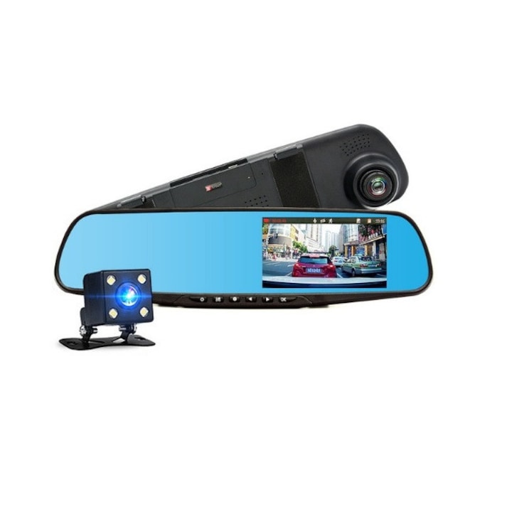 Видеорегистратор Kapp VR - 100, DVR огледало за автомобил, с предна и задна камера за паркиране