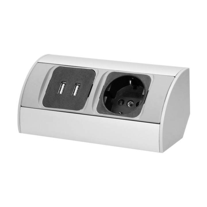 Priza schuko ORNO OR-AE-1310(GS), 2 x USB 2.1 A, 230V, 3680W, cablu 0.5 m, argintiu