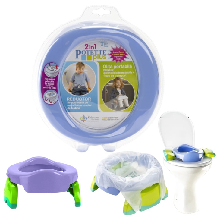Olita Portabila pentru Copii Potette, 3 Pungi Biodegradabile, Toaleta Pliabila Copii 2in1, Olita si Reductor Wc, Punga transport, Picioare Rabatabile, Ideal pentru Calatorii, Masina, Tren, Avion, Camping, Usor de Transportat, Lila/Verde