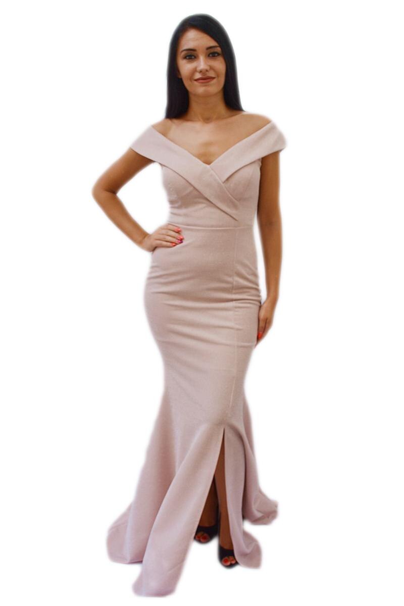 Rochie eleganta lunga cu trena , D&J Exclusive, pudra