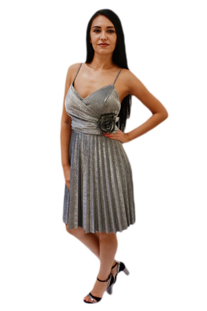 Rochie de ocazie cu brosa pe talie si pliseuri , D&J Exclusive, Gri