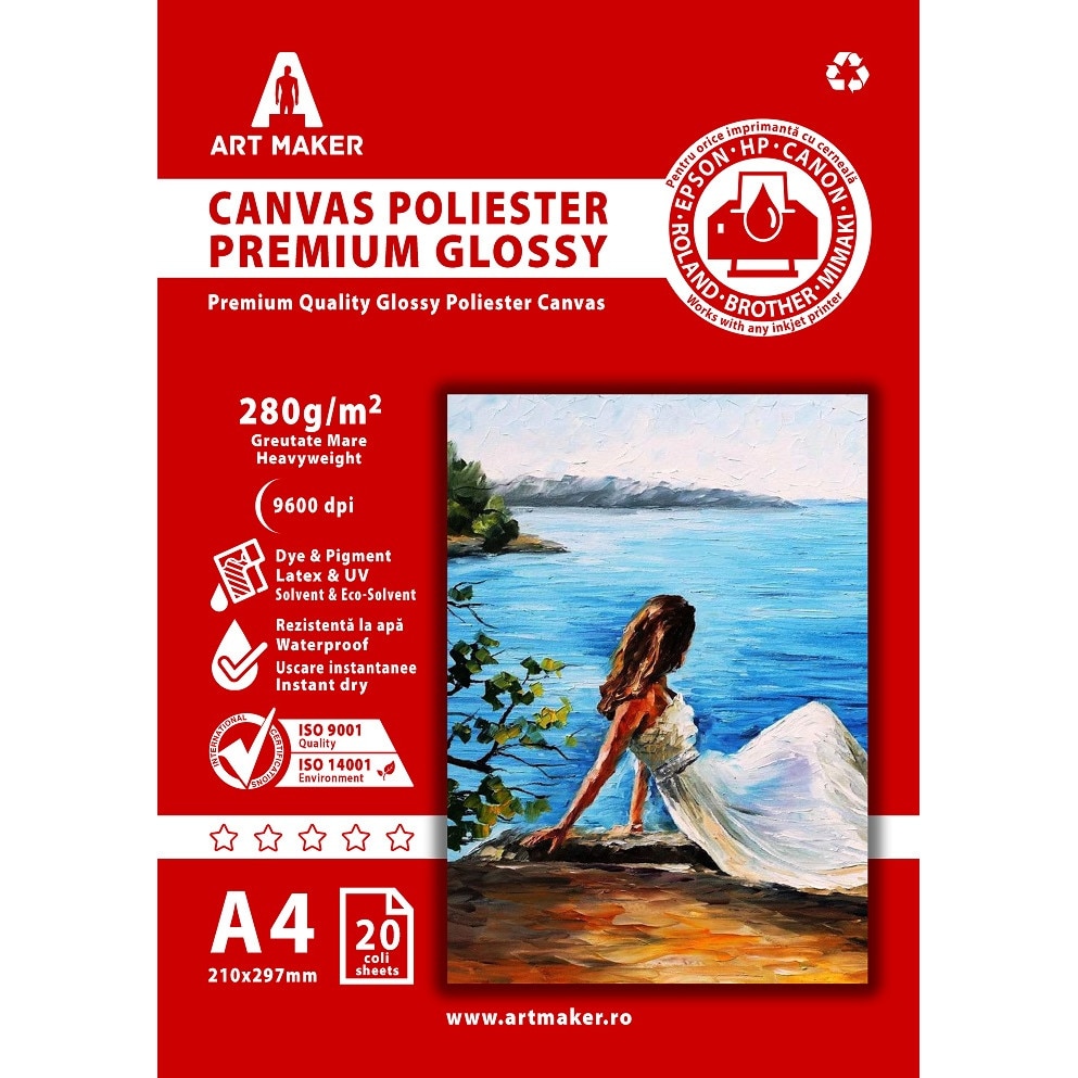 Canvas Glossy, Poliester, Premium, 280g/mp, A4, Waterproof, 20 coli