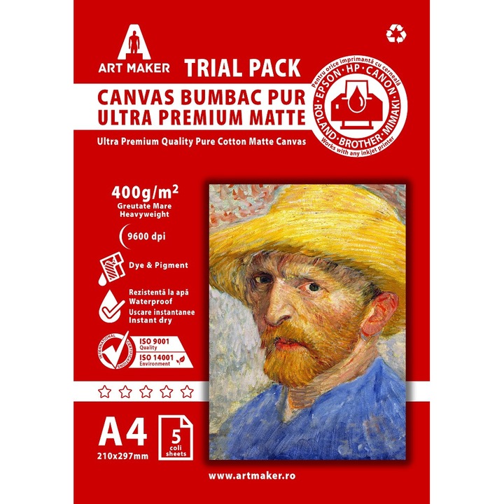 Canvas Bumbac, Ultra Premium Mat, 400g/mp, A4, 5 coli, Waterproof - Trial Pack