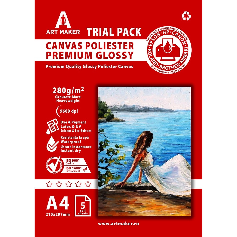 Canvas Glossy, Poliester, Premium, 280g/mp, A4, Waterproof, 5 coli - Trial Pack