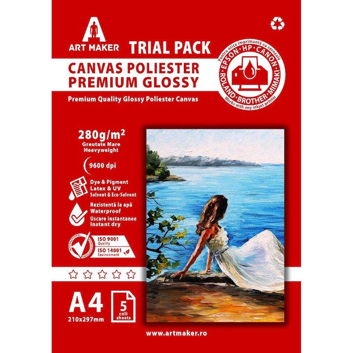 Canvas Glossy, Poliester, Premium, 280g/mp, A4, Waterproof, 5 coli - Trial Pack