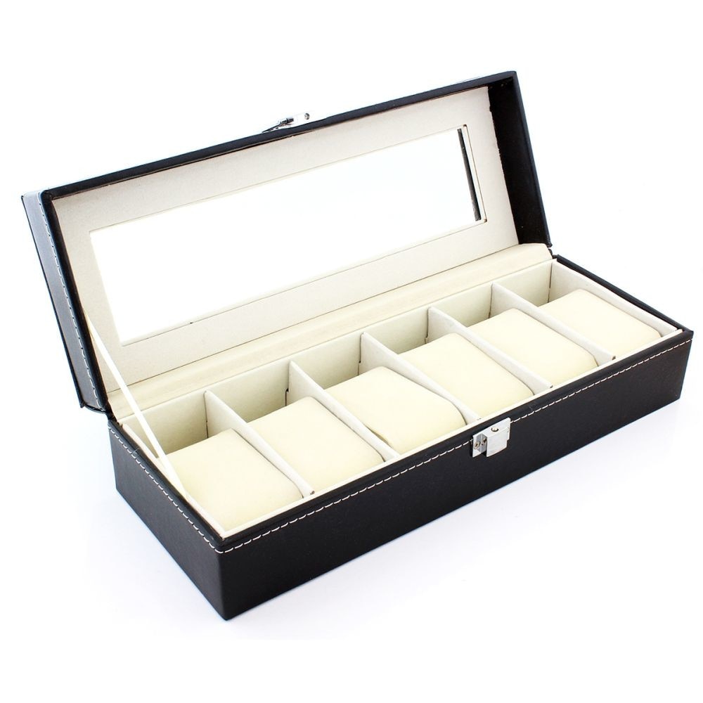 Cutie Caseta Eleganta pentru 6 Ceasuri , Bijuterii sau Bratari, Piele Eco, Culoare Negru