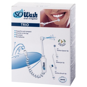 Dus bucal portabil So Wash Trio, 3 capete cu Hidrojet, Hidropulsor, Periuta dinti, Eco Friendly, Alb Dus bucal portabil So Wash Trio, 3 capete cu Hidrojet, Hidropulsor, Periuta dinti, Eco Friendly, Alb