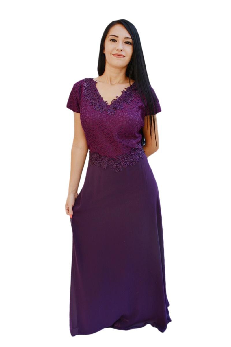 Rochie de seara din voal cu insertii de dantela si margele,D&J Exclusive, Mov