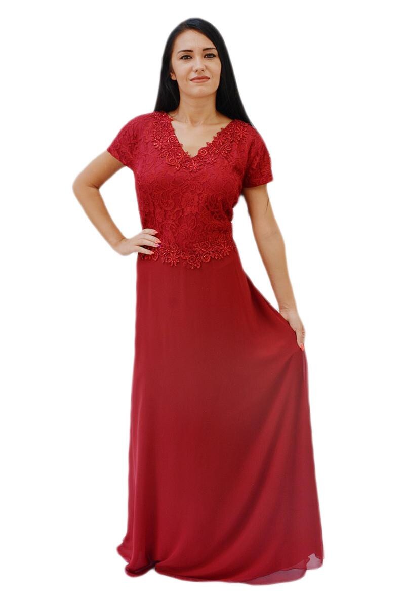 Rochie de seara din voal cu insertii de dantela si margele,D&J Exclusive, Marsala