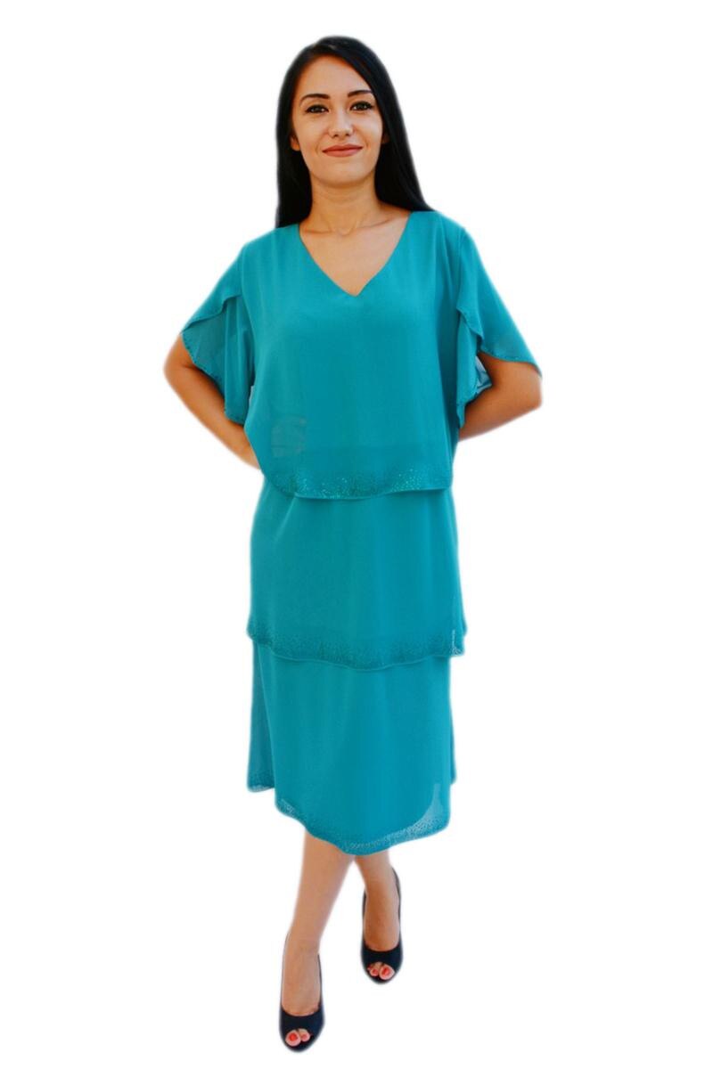 Rochie rafinata cu volanase asimetrice si strasurii, D&J Exclusive, Turcoaz