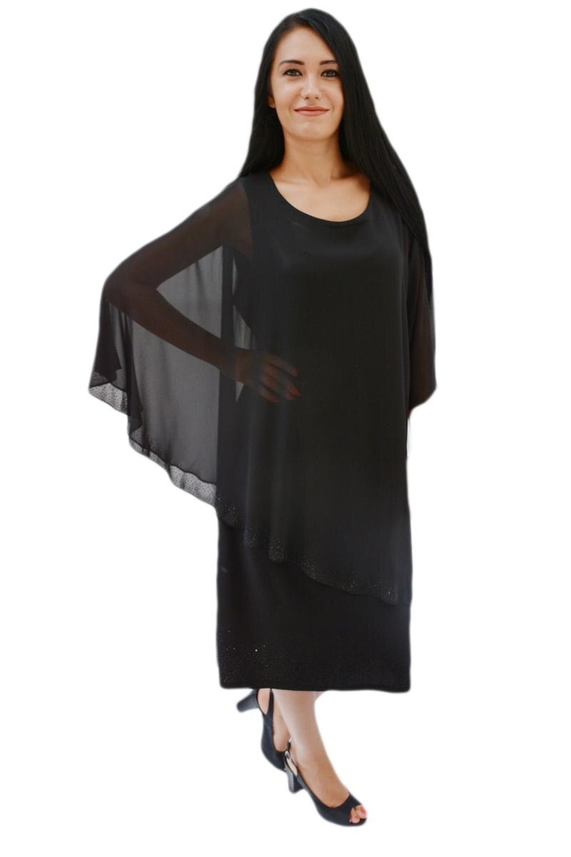 Rochie eleganta din material elastic si voal lejer aplicat, D&J Exclusive, Negru