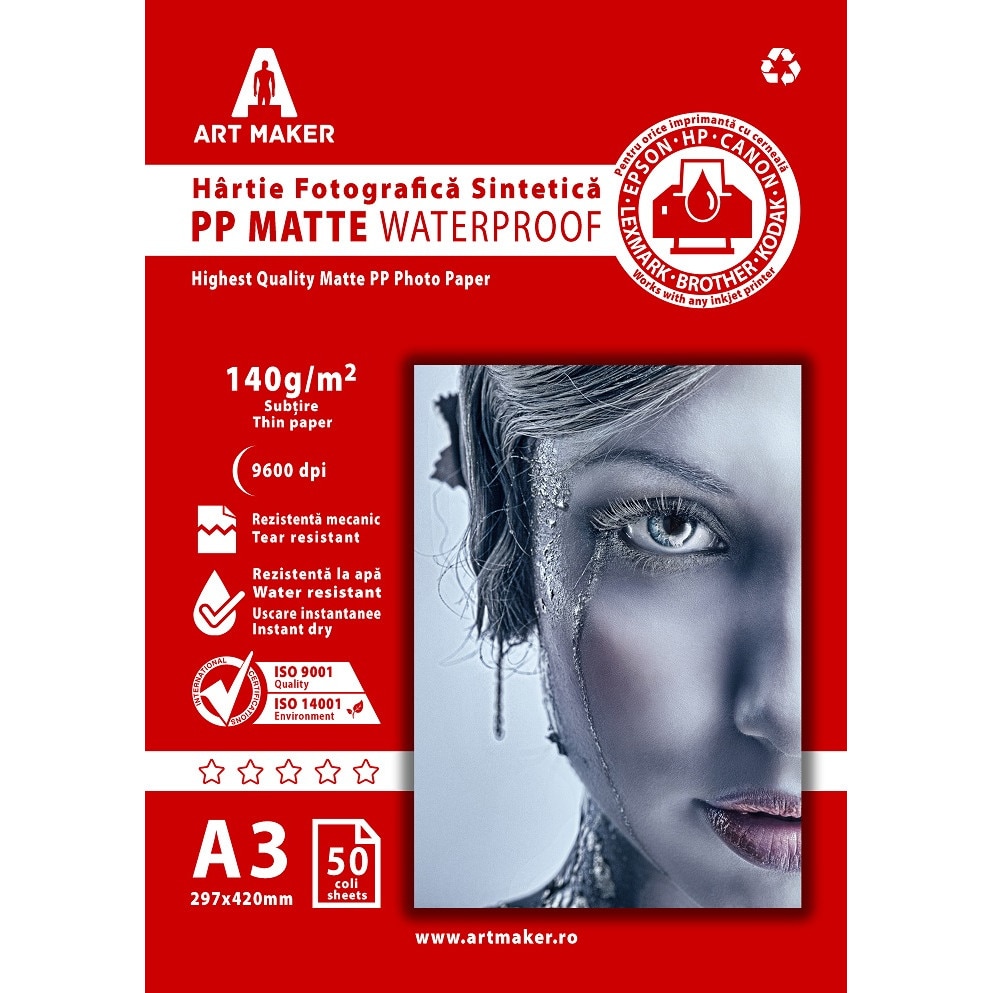 Hartie sintetica PP (Polipropilena) Mat, A3, 50 coli, Waterproof