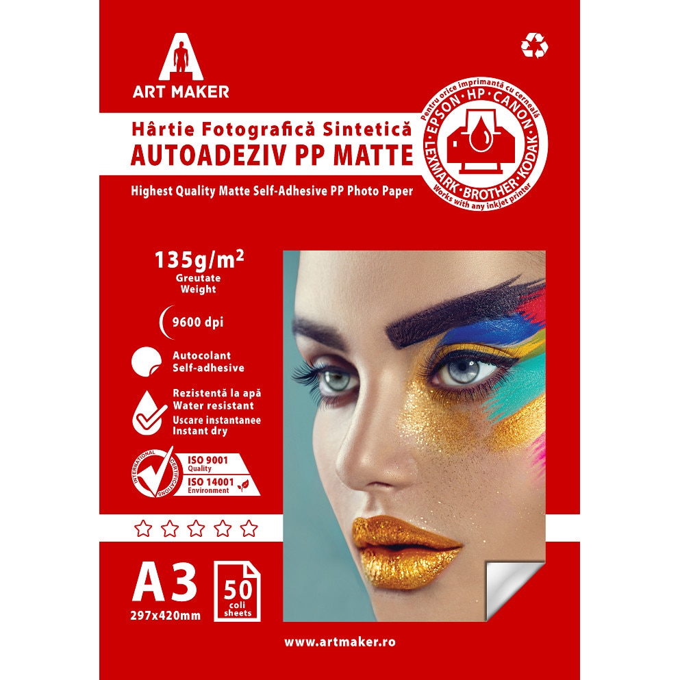 Hartie sintetica autoadeziva PP (Polipropilena) Mat, A3, 50 coli, Waterproof