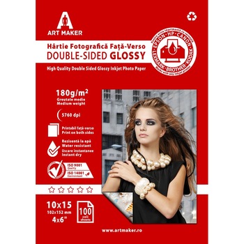 Hartie foto Art Maker, fata-verso Glossy, 180g/mp, 10x15 cm, 100 coli Hartie foto Art Maker, fata-verso Glossy, 180g/mp, 10x15 cm, 100 coli