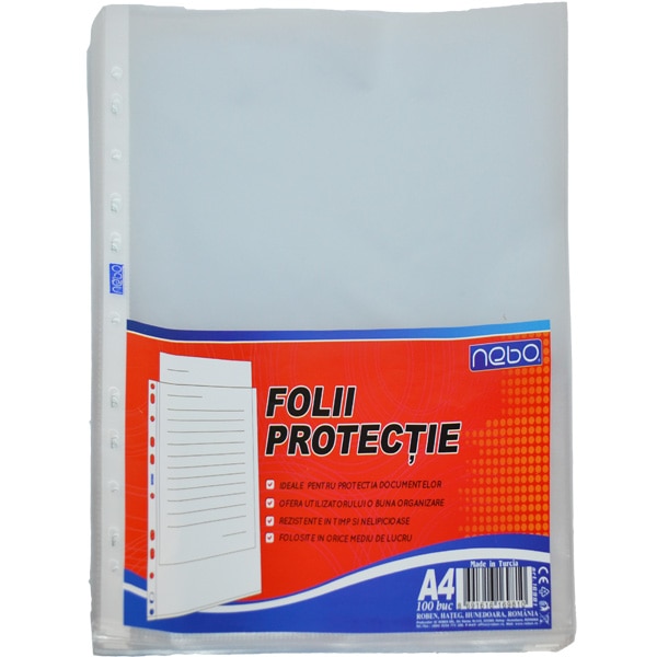 Set 100 file din plastic Nebo pentru protectie documente format A4 , 45 microni , Robentoys