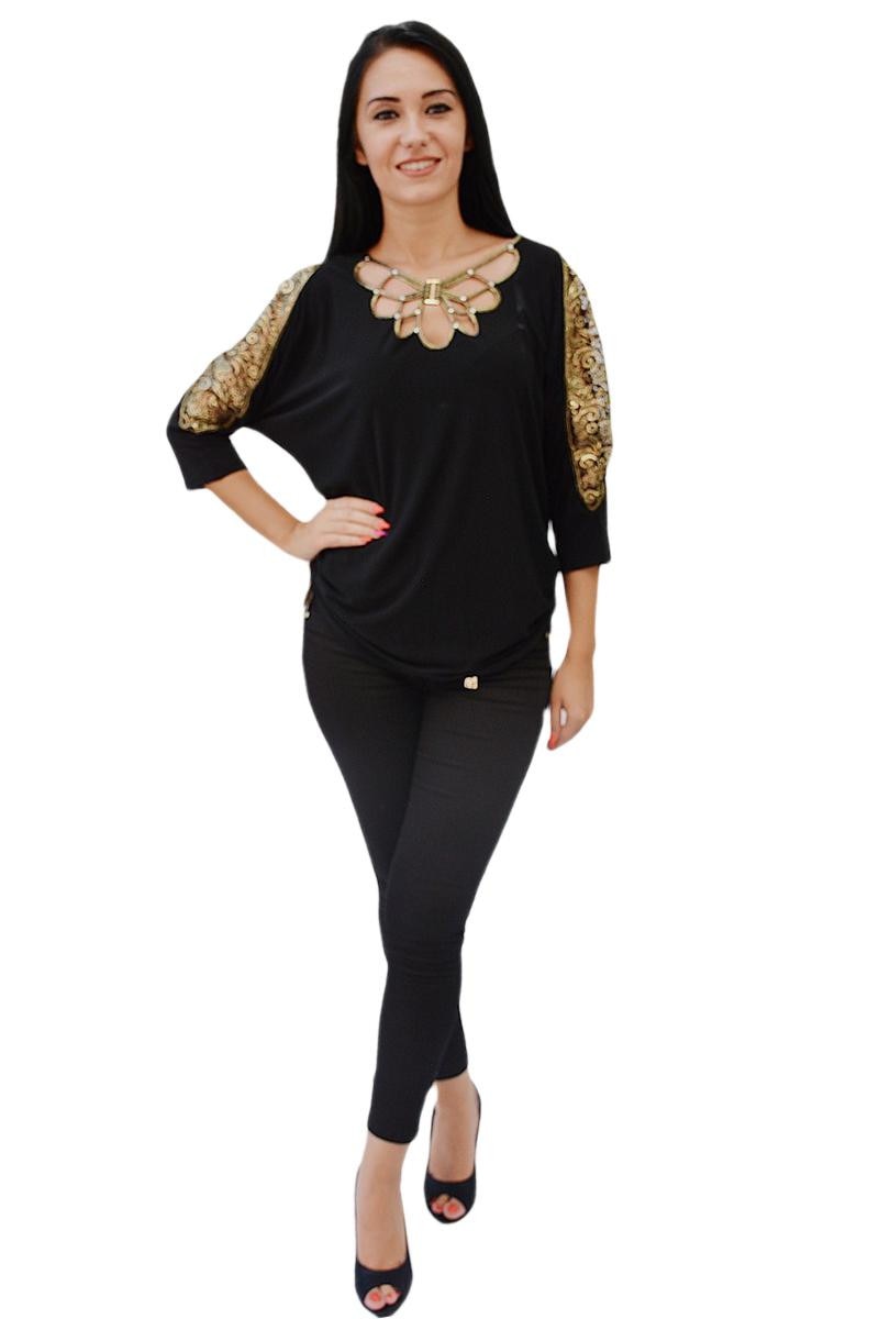 Bluza rafinata cu insertii de broderie si dantela,decolteu in V ,D&J Exclusive, Negru