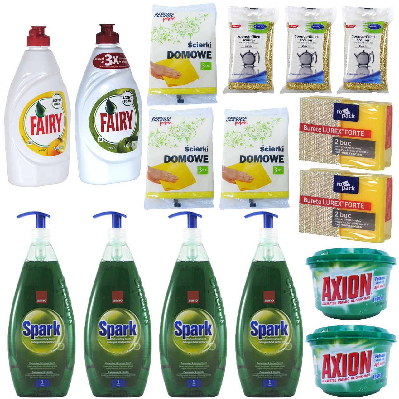 Pachet - 4 x Sano Spark, Detergent lichid vase, Castravete si Lamaie, 1000ml + 2 x Fairy detergent vase, 450ml (Lamaie, Mere Verzi) + 2 x Axion Lemon, 400g + 2 x Set laveta uscata (3buc./set) +3 x Burete sarma auriu + 2 x Set burete vase (2buc./set)