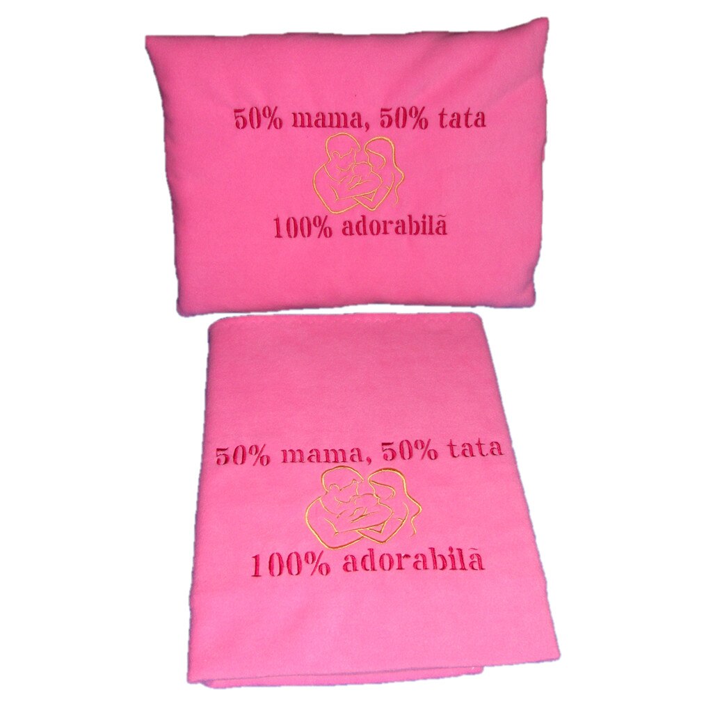 Set paturica+perna brodata, roz, 