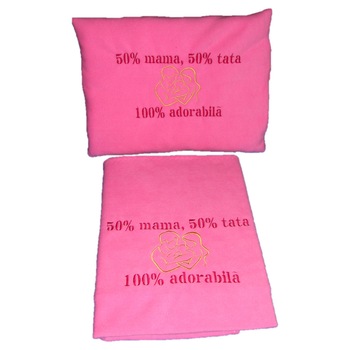 Set paturica+perna brodata, roz,  Set paturica+perna brodata, roz,