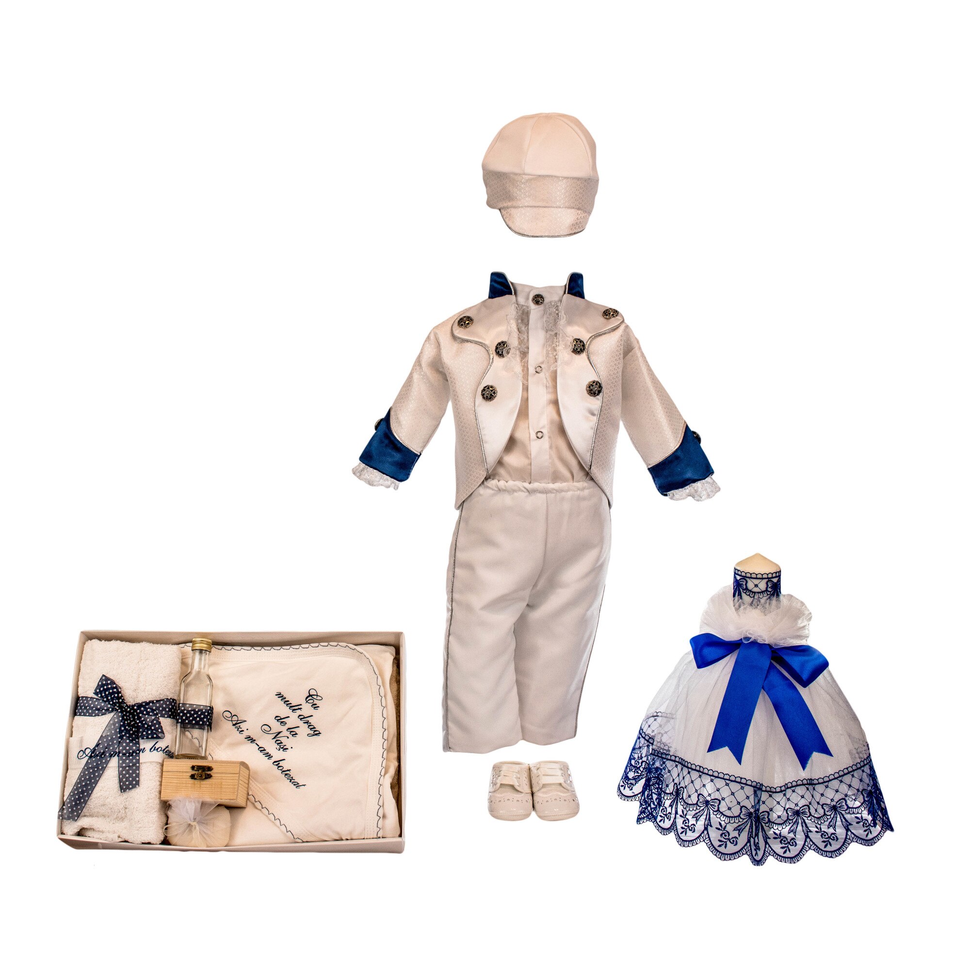 Set botez Micul Imparat, patru piese, culoare alb-bleumarin, varsta 3-6 luni